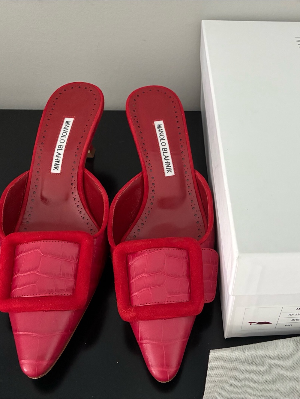 Manolo Blahnik Red Croc-Embossed Pointed Mule with Buckle